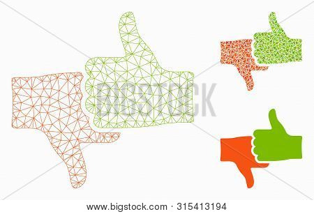 Mesh Rate Thumbs Model With Triangle Mosaic Icon. Wire Carcass Polygonal Mesh Of Rate Thumbs. Vector