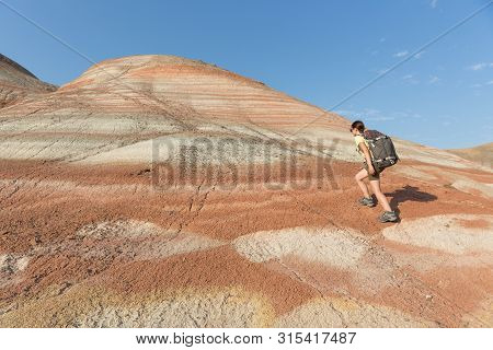 Backpacker Girl Exploring The Mountains. Backpacker Girl Tourist Exploring The Xizi Mountains , Azer