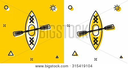 Black Kayak And Paddle Icon Isolated On Yellow And White Background. Kayak And Canoe For Fishing And