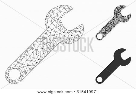 Mesh Wrench Model With Triangle Mosaic Icon. Wire Frame Triangular Network Of Wrench. Vector Mosaic 