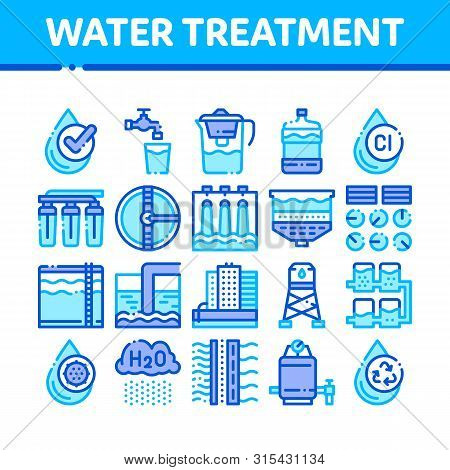 Water Treatment Items Vector Thin Line Icons Set. Filter And Cleaning System Water Treatment Element