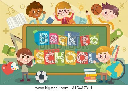Group Of Students With Blackboard And Shcool Elements