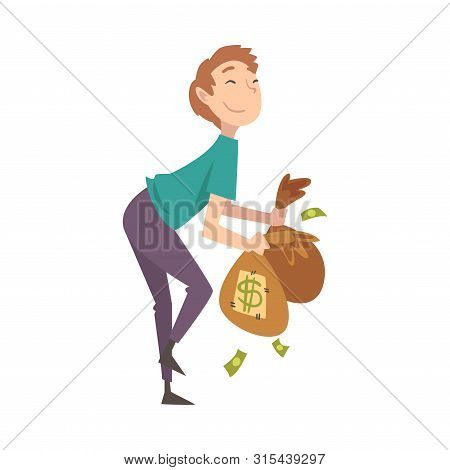 Happy Wealthy Guy With Bags Full Of Money, Lucky Successful Rich Person Millionaire Vector Illustrat