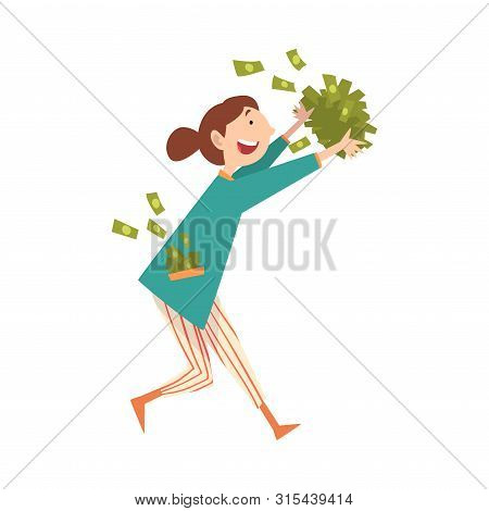 Happy Smiling Wealthy Young Woman With Lot Of Money, Lucky Successful Rich Girl Vector Illustration