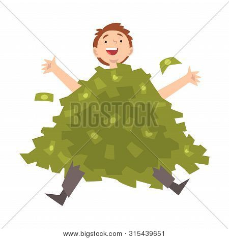 Lucky Successful Rich Guy Millionaire, Happy Wealthy Person Sitting In Pile Of Money Vector Illustra