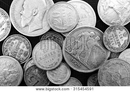 Numismatic Collection Of Old Silver Coins Of Different Times Close-up