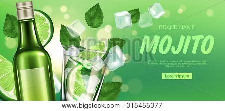 Mojito Bottle And Glass Mock Up Banner, Liquor With Lime Slices, Ice Cubes And Mint Leaves, Alcohol 