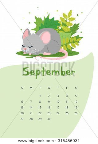 September Calendar Flat Vector Template. Children Planner For Autumn 2020. Basic Grid Design With Ma