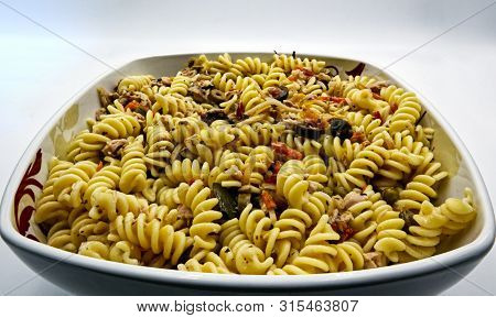 Cold Summer Salad, Fusilli Italian Pasta, Pasta Fredda, In White Bowl