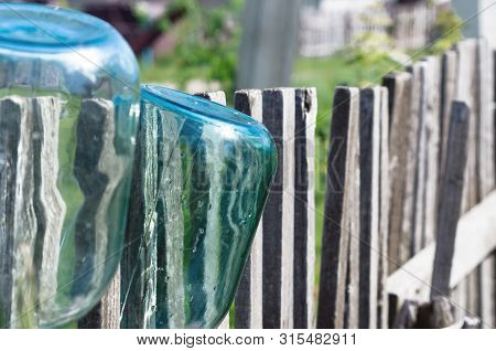 Washed Three Liter Glass Jars Left To Dry Upside Down On Weathered Timber Picket Fence On A Sunny Su