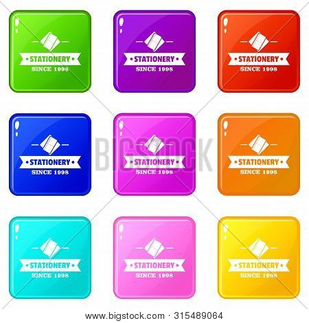 Stationery Icons Set 9 Color Collection Isolated On White For Any Design
