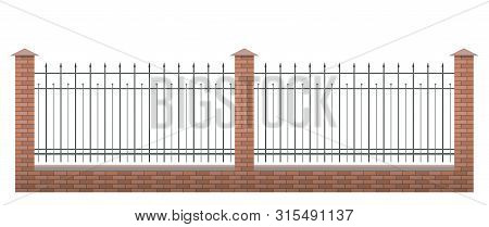 Brick Fence Vector Illustration Isolated On White Background With Metallic
