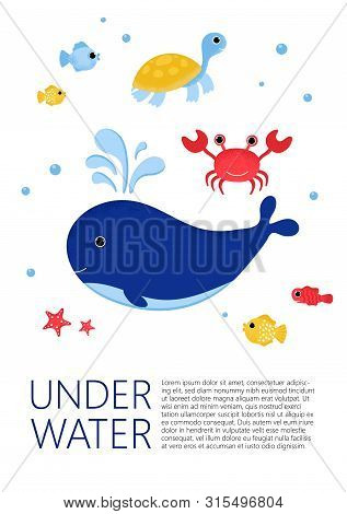 Underwater Banner With Fishes, Crab, Turtle, Whale And Ware In Modern Flat Style. Ocean Animal Chara