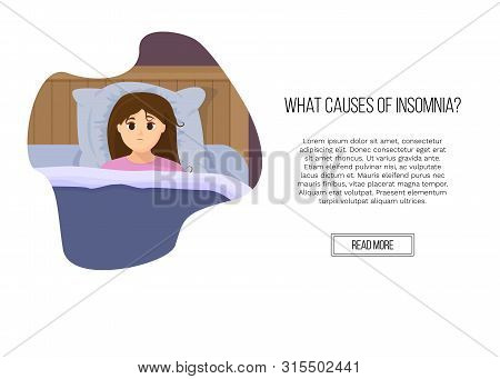 Vector Illustration Of Page Site In Flat Cartoon Style With Sad Sleepless Woman In Bed. Female Insom