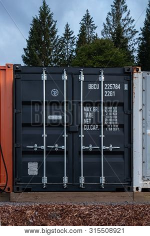 Ullared, Sweden - July 15, 2019: Outdoor Front Facade View Of  A Commercial Container With Text And 