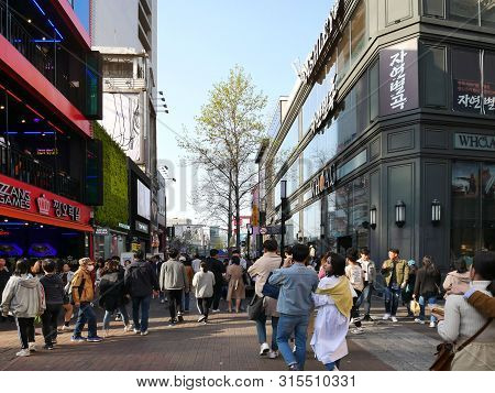 Daegu, South Korea - April 4, 2019 : People Walking At Dongseongno Shopping Street.  Dongseongno Dis