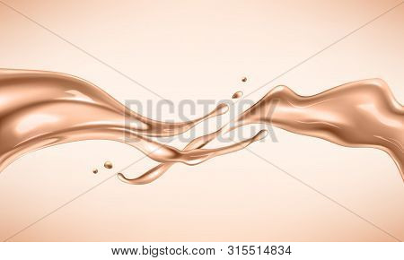 Liquid Foundation Elements. Splashing Beige Liquid, Flow Of Creamy Texture Isolated On Background. V