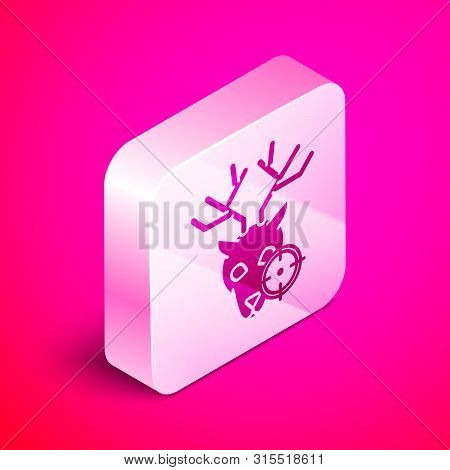 Isometric Hunt On Deer With Crosshairs Icon Isolated On Pink Background. Hunting Club Logo With Deer