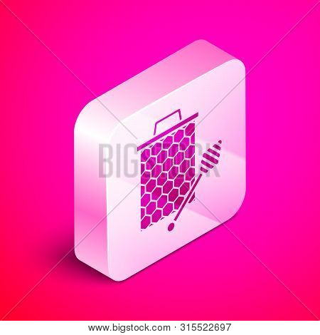 Isometric Honeycomb With Honey Dipper Stickicon Isolated On Pink Background. Honey Ladle. Honey Cell
