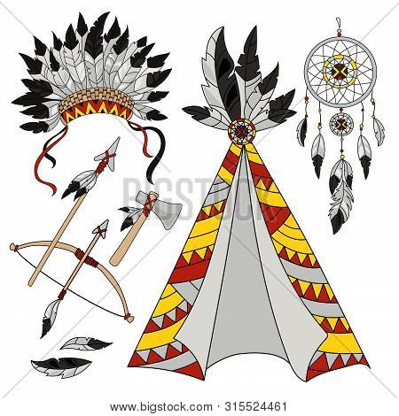 Pocahontas World Cartoon American Native Indians Princess Attributes Vector Illustration Set For Pri
