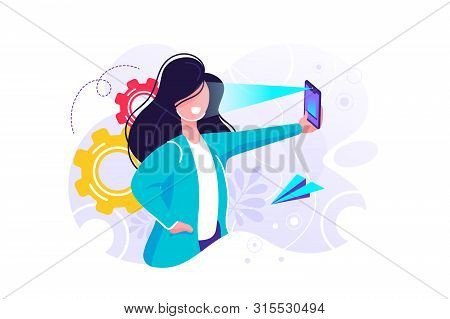 Vector Illustration On A White Background, Face Recognition Using A Laser Concept Id, Man Holds A Ph