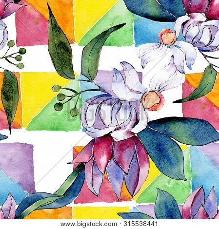 Bouquet Loral Botanical Flowers. Watercolor Background Illustration Set. Seamless Background Pattern