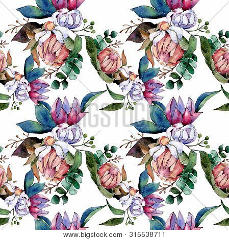 Bouquet Loral Botanical Flowers. Watercolor Background Illustration Set. Seamless Background Pattern
