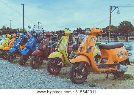 Kanchanaburi, Thailand - August 4, 2019 : Vespa Gang Were Parking In The Line For Meeting And Gether