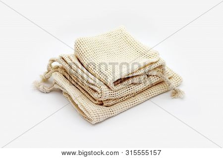 Eco Natural Bags For Sale Fruits And Vegetable On White Background.  Plastic Free Lifestyle.