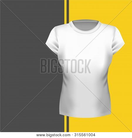 Women's T-shirt Front View Mockup, Illustration. White Tshirt Blank Template. Shirt For Girls Realis