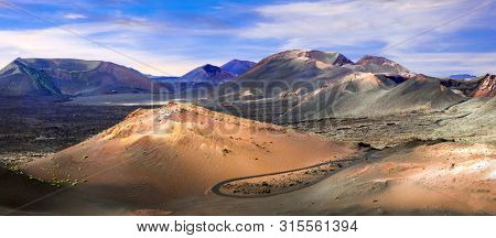 Unique nature of Lanzarote. Volcanic landscape in Timanfaya natural park. Canary islands