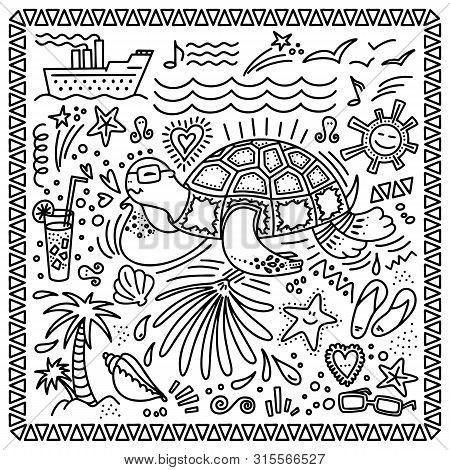 Hand Drawn Doodle Style Set, Cute Beach Scene With Big Turtle, Sea Stars Shells On The White Backgro