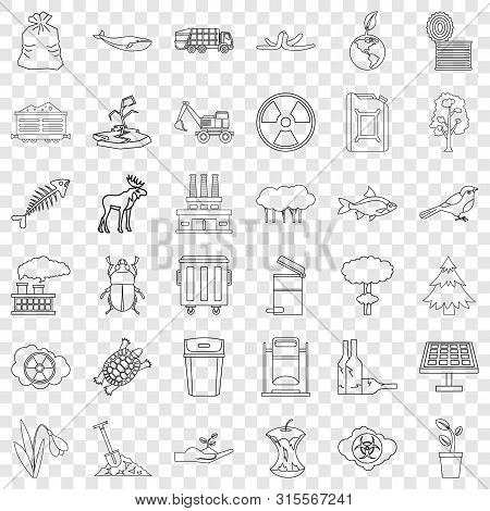 Polluting Icons Set. Outline Style Of 36 Polluting Icons For Web For Any Design