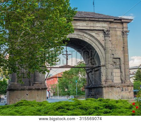 Aosta, Italy-june,2019: The Arch Of Augustus Which Is One Of The Most Important Monuments Of The Cit