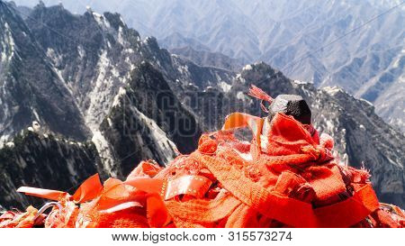 Red Chinese Ribbons Placed On The Top Of North Peak - One Of Five Main Peaks Belonging To Sacred Tao