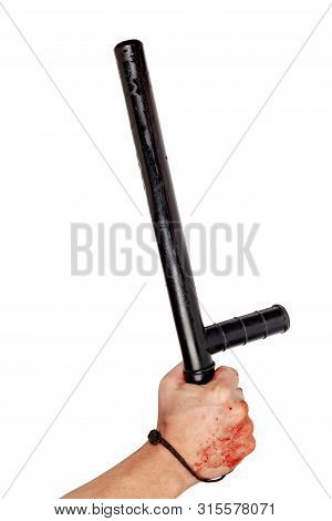 Bloody Hand Holding Black Rubber Police Baton With Blood Splats - Isolated On White Background