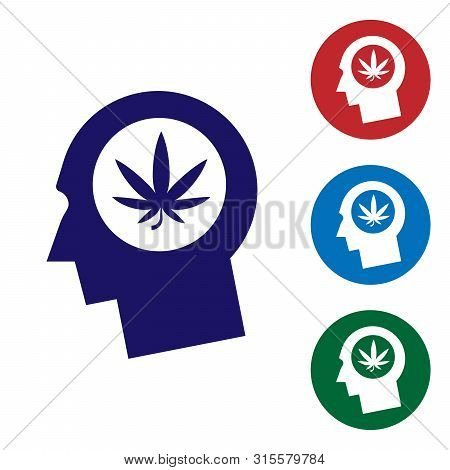 Blue Silhouette Of Male Head In Profile With Marijuana Or Cannabis Leaf Icon Isolated On White Backg