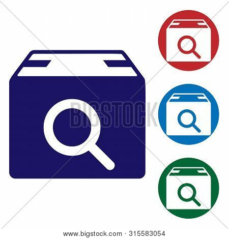 Blue Search Package Icon Isolated On White Background. Parcel Tracking Symbol. Magnifying Glass And 