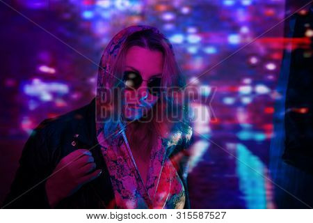 Beautiful Young Woman Wearing Metallic Bomber Jacket Trendy Stylish Glasses Stand Near Brick Wall Il