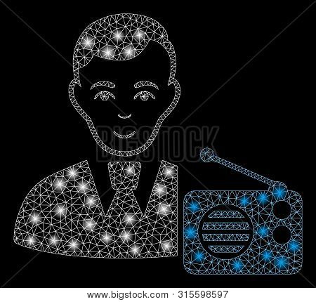 Glossy Mesh Radio Dictor With Glow Effect. Abstract Illuminated Model Of Radio Dictor Icon. Shiny Wi