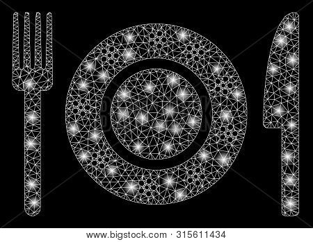 Glossy Mesh Restaurant Tableware With Lightspot Effect. Abstract Illuminated Model Of Restaurant Tab