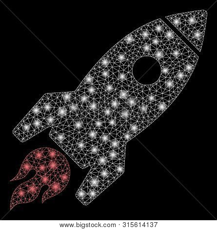 Glossy Mesh Rocket Launch With Lightspot Effect. Abstract Illuminated Model Of Rocket Launch Icon. S