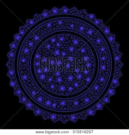 Glowing Mesh Round Rosette Seal With Glitter Effect. Abstract Illuminated Model Of Round Rosette Sea