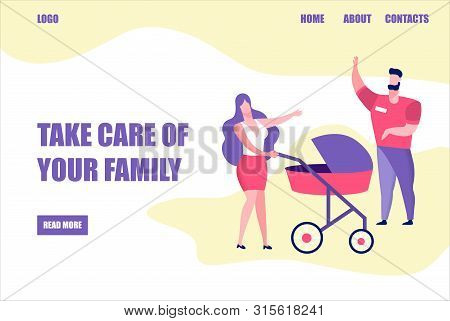 Take Care Of Your Family Banner, Young Woman Walking With Baby Carriage, Girl Greeting Man On Street