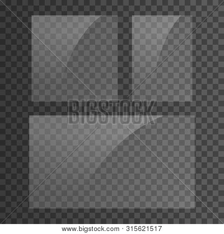 Square, Vertical And 16x9 Panel. Glass Plate Set On Transparent Background. Clear Glass Showcase. Re