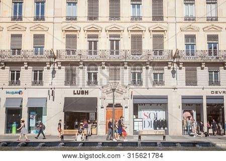 Lyon, France - July 13, 2019: Pedestrians Walking On Rue De La Republique Street In Lyon, France, Fa
