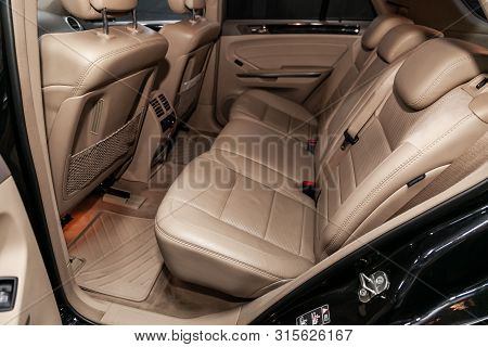 Novosibirsk, Russia - July 12, 2019:  Mercedes-benz M-class Ml63 Amg, Close-up Of The Beige Leather 