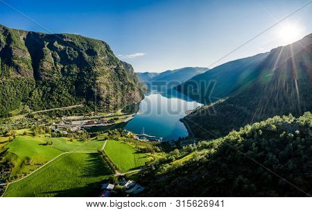 Aurlandsfjord Town Of Flam at dawn. Beautiful Nature Norway natural landscape.
