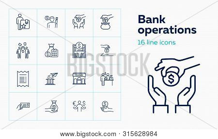 Bank Operations Icons. Set Of Line Icons. Money Exchange, Savings, Investment. Accounting Concept. V