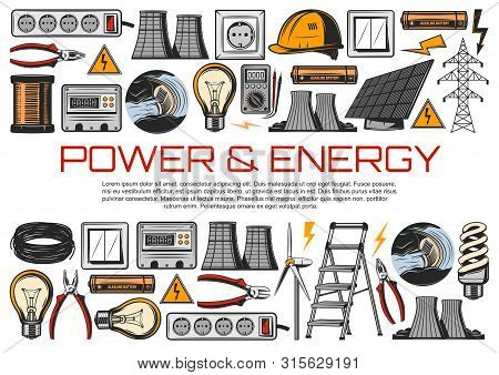 Electric Power Industry And Electrical Service Vector Design. Energy Meter, Wire And Light Bulbs, Ca